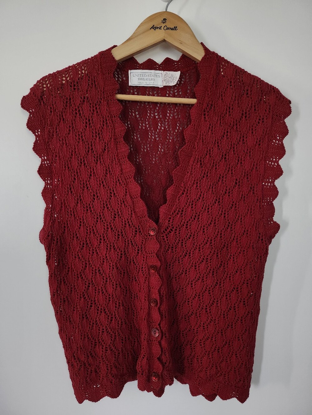 Vintage United States Sweaters Red Crochet Knit Cottagecore Grandmacore Vest L P